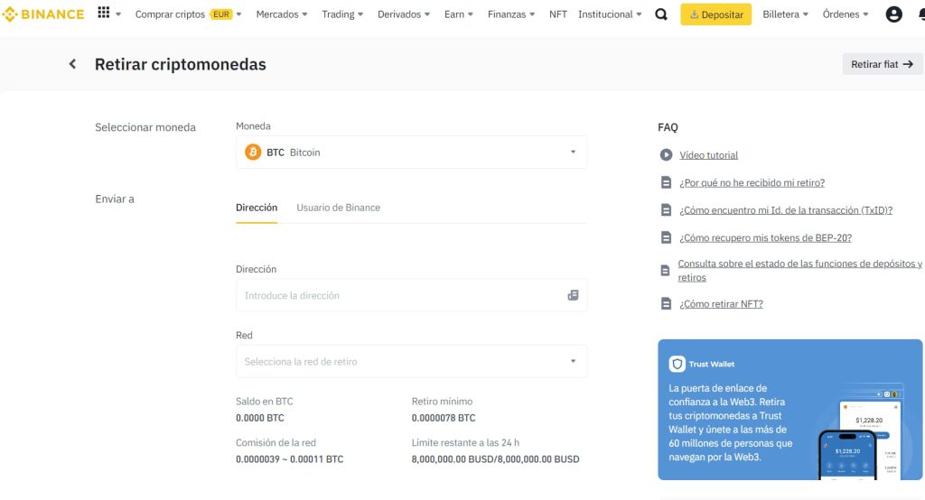 Retirar criptomonedas Binance